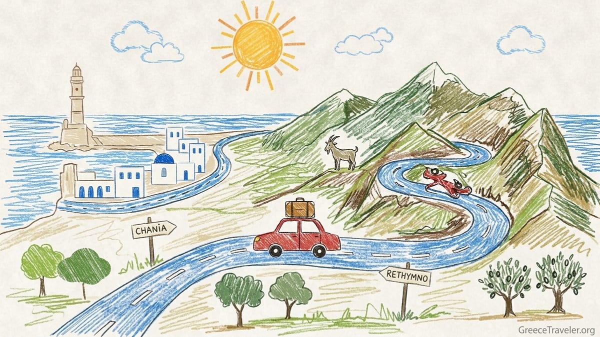 A winding coastal road above the Libyan Sea on Crete with a lone car and mountain backdrop.