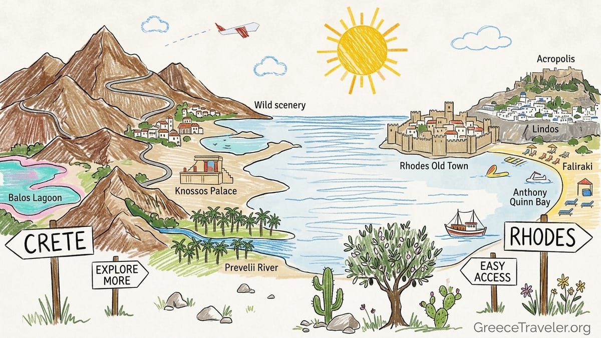 Aerial view comparing Crete’s rugged lagoon coastline with Rhodes’ compact bay and village by the sea.