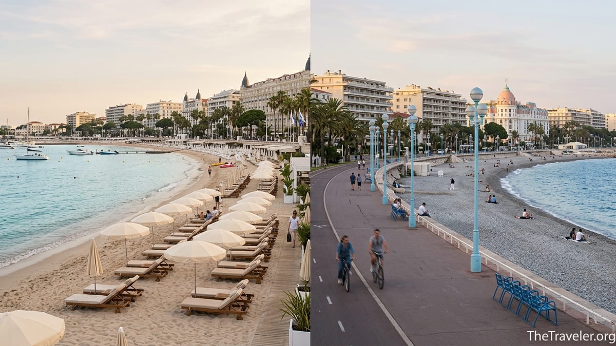 Golden hour view contrasting Cannes’ sandy Croisette with Nice’s pebbly Promenade des Anglais.