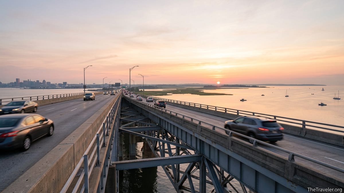 Cars cross Maryland’s Chesapeake Bay Bridge at sunrise heading toward the Eastern Shore.