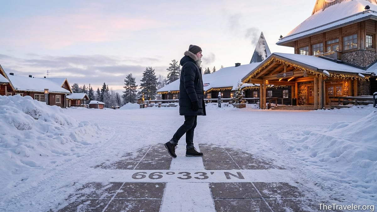 Traveler crossing the painted Arctic Circle line in snowy Santa Claus Village, Rovaniemi, at winter sunrise.