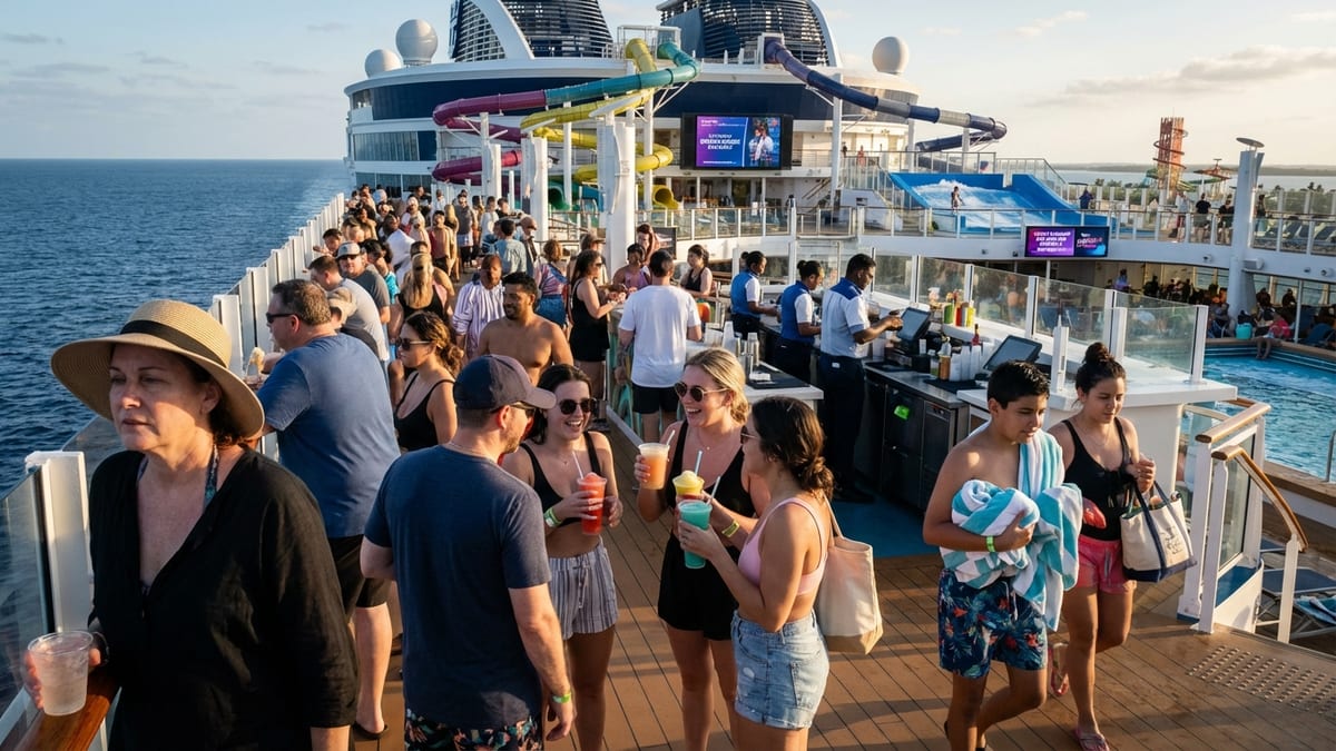 Crowded pool deck on Royal Caribbean's Utopia of the Seas sailing away from CocoCay.