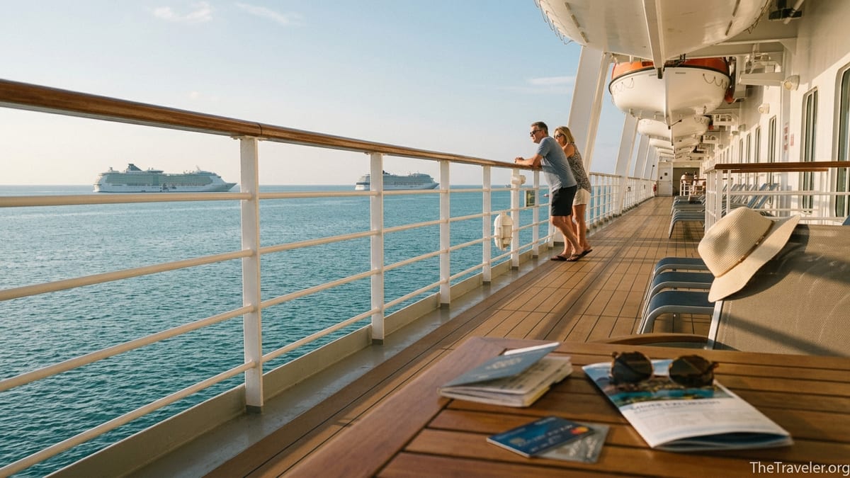 Cruise passengers on an open deck at sunset with documents and credit cards on a table.