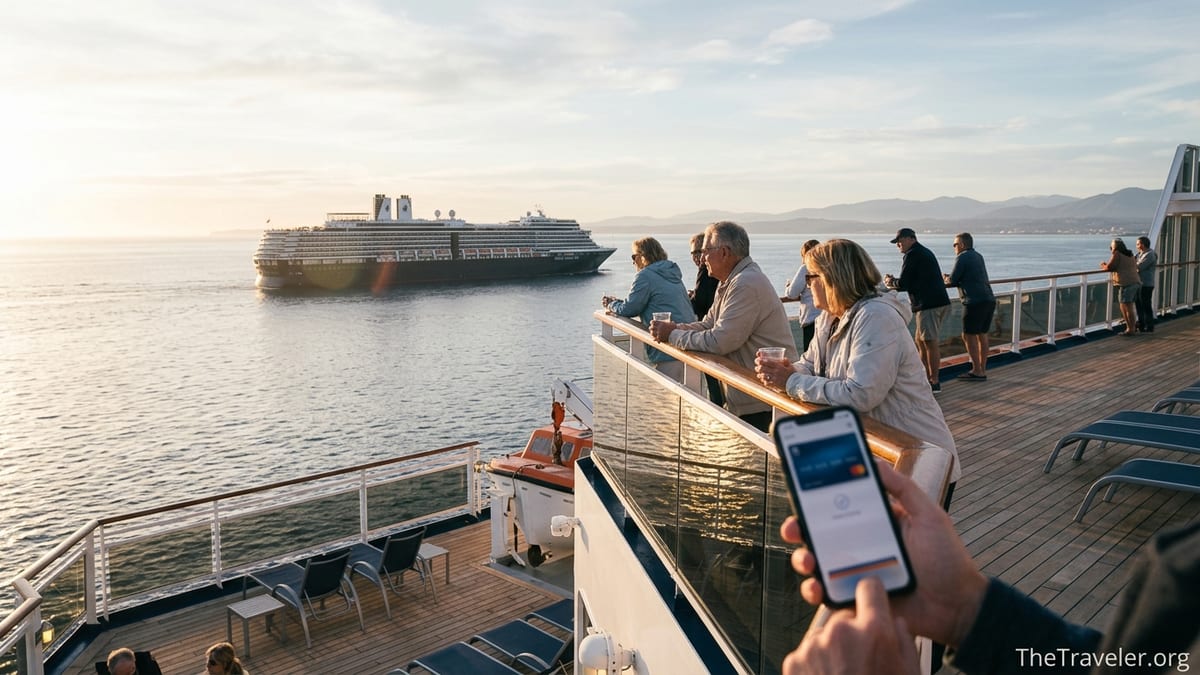 Passengers on a Holland America cruise deck at sunset with another ship in the distance.