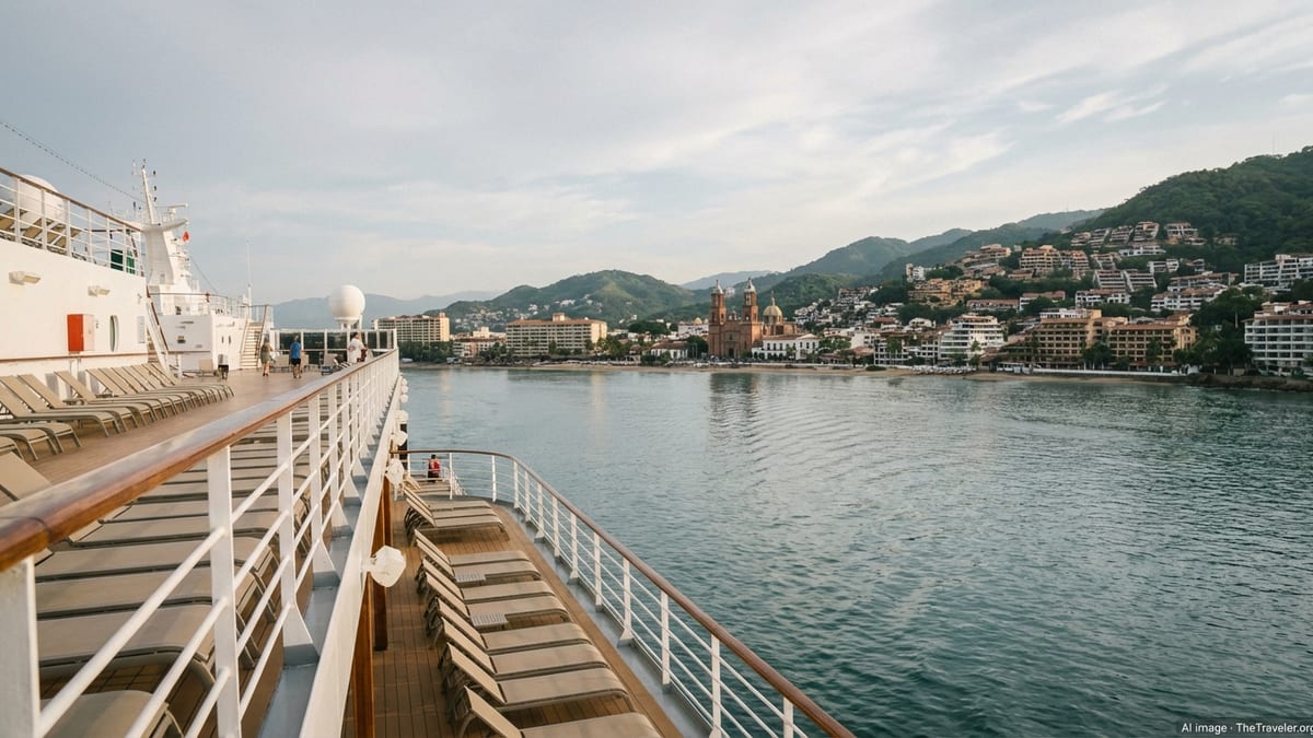 Cruise ship deck at sea with Puerto Vallarta’s coastline visible under a hazy afternoon sky.