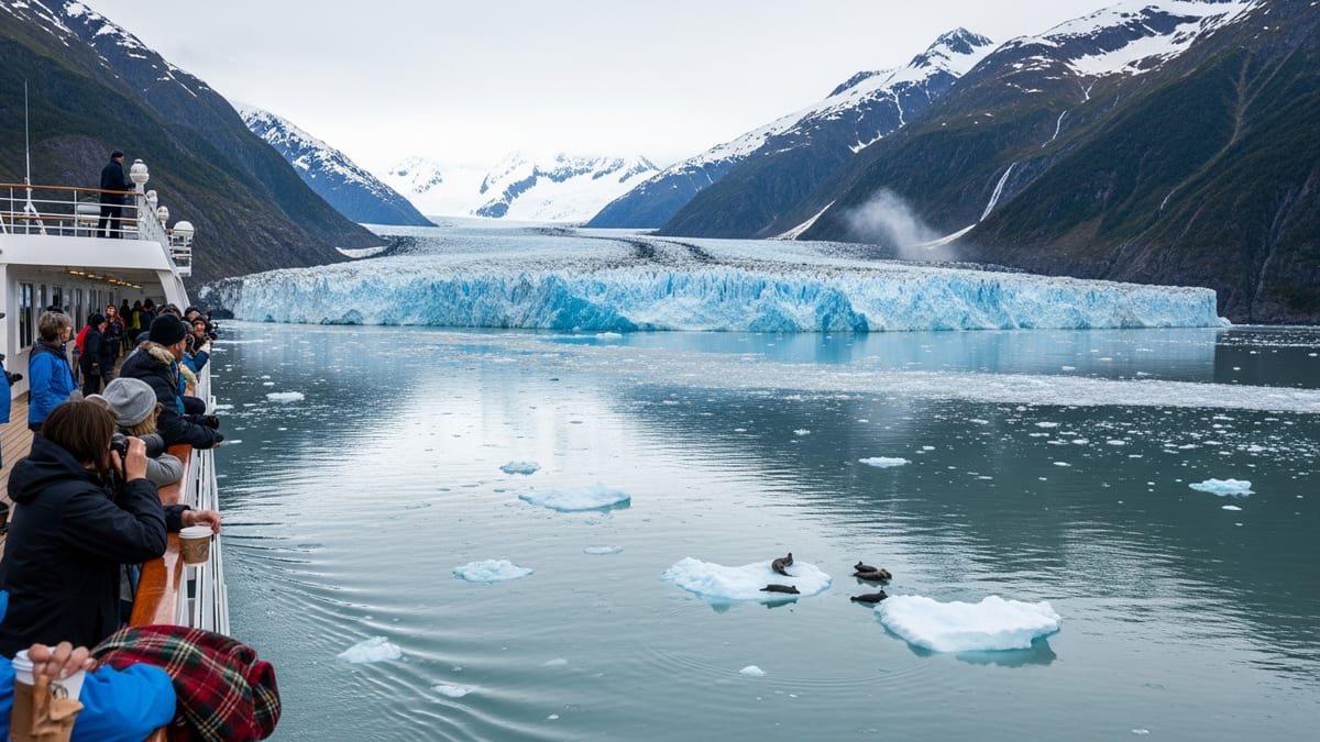 Cruise ship passengers observing Hubbard Glacier in Disenchantment Bay, Alaska.