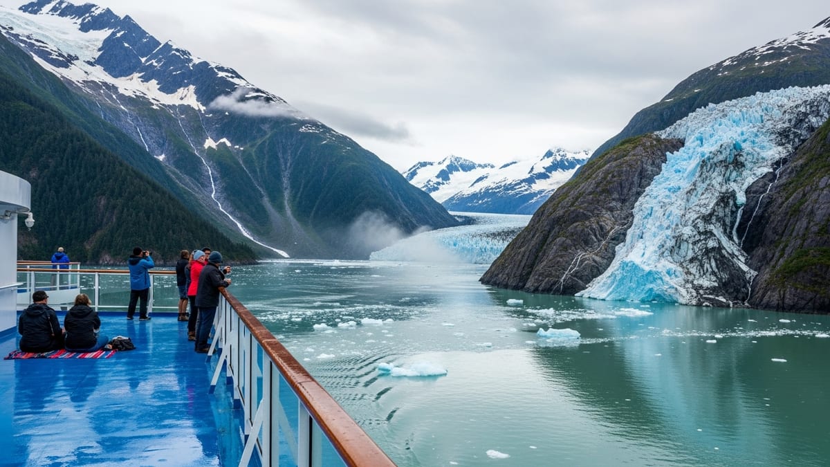 Cruise ship passengers admiring a towering glacier in Glacier Bay National Park, Alaska.
