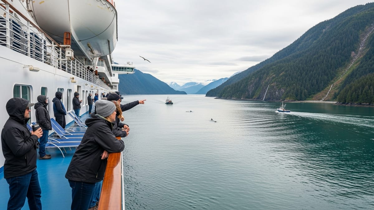 Passengers on a cruise ship enjoy the scenic Gulf of Alaska route.