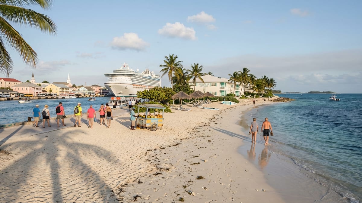 Cruise ship docked at Nassau harbor with beachfront resort and locals on the shore.