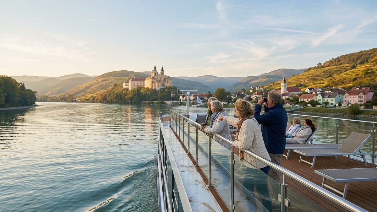 Cruise ship passengers enjoy scenic Wachau Valley on a calm, early autumn afternoon.