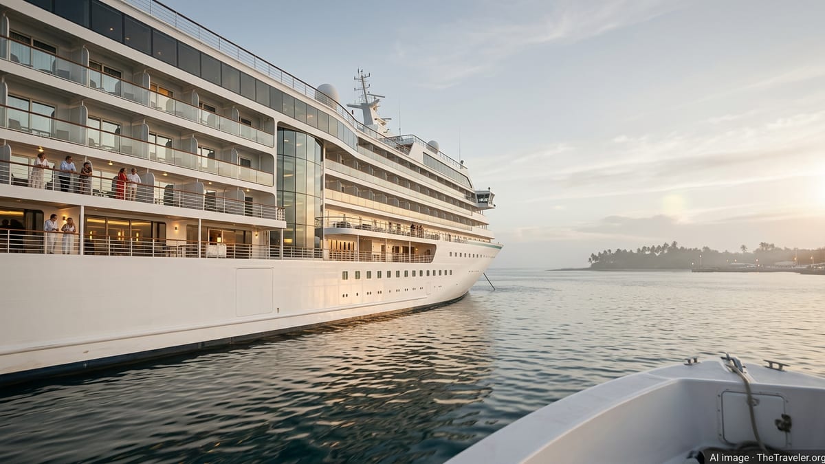 Crystal Cruises luxury ship at sunset with guests on deck and calm tropical seas.