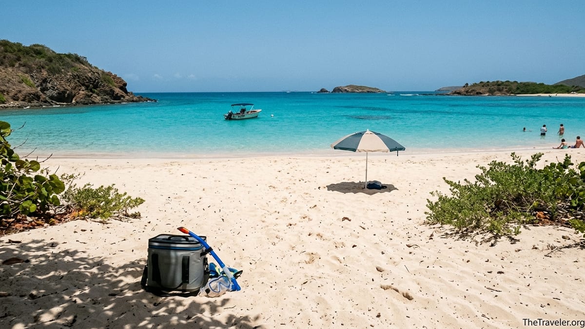 Beach setup with umbrella and cooler on Playa Tortuga, Culebrita, with turquoise water and lighthouse hill in the background.