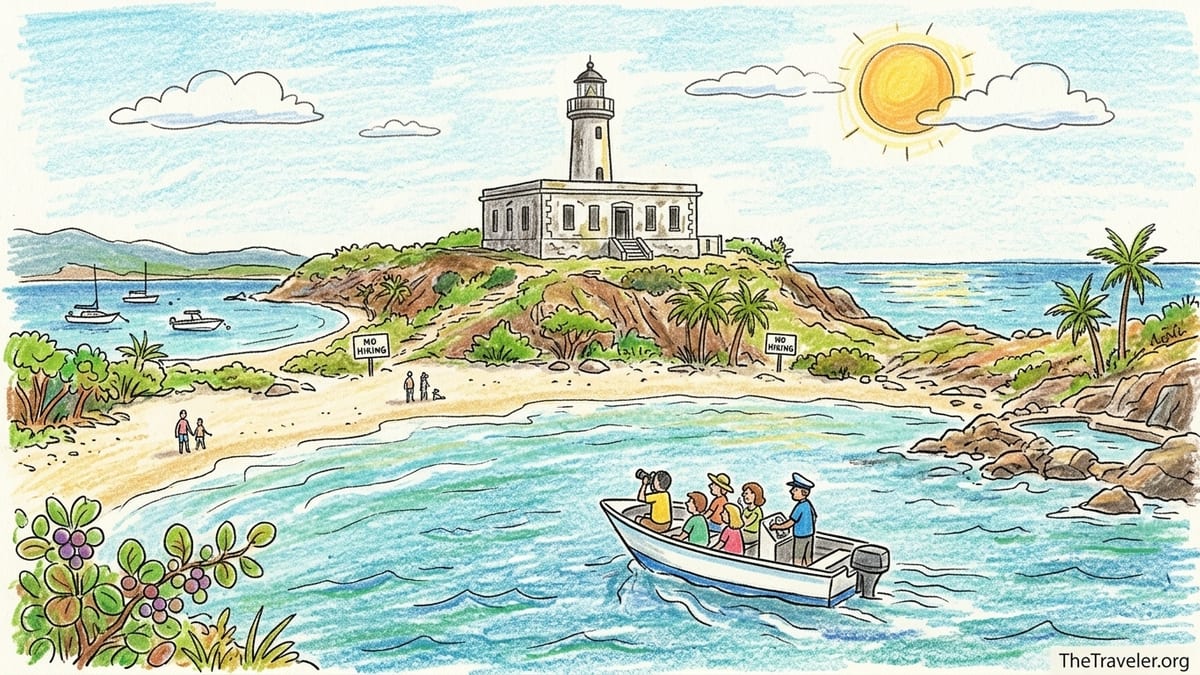 Ruined Culebrita Lighthouse on a hill above turquoise water viewed from a boat at anchor