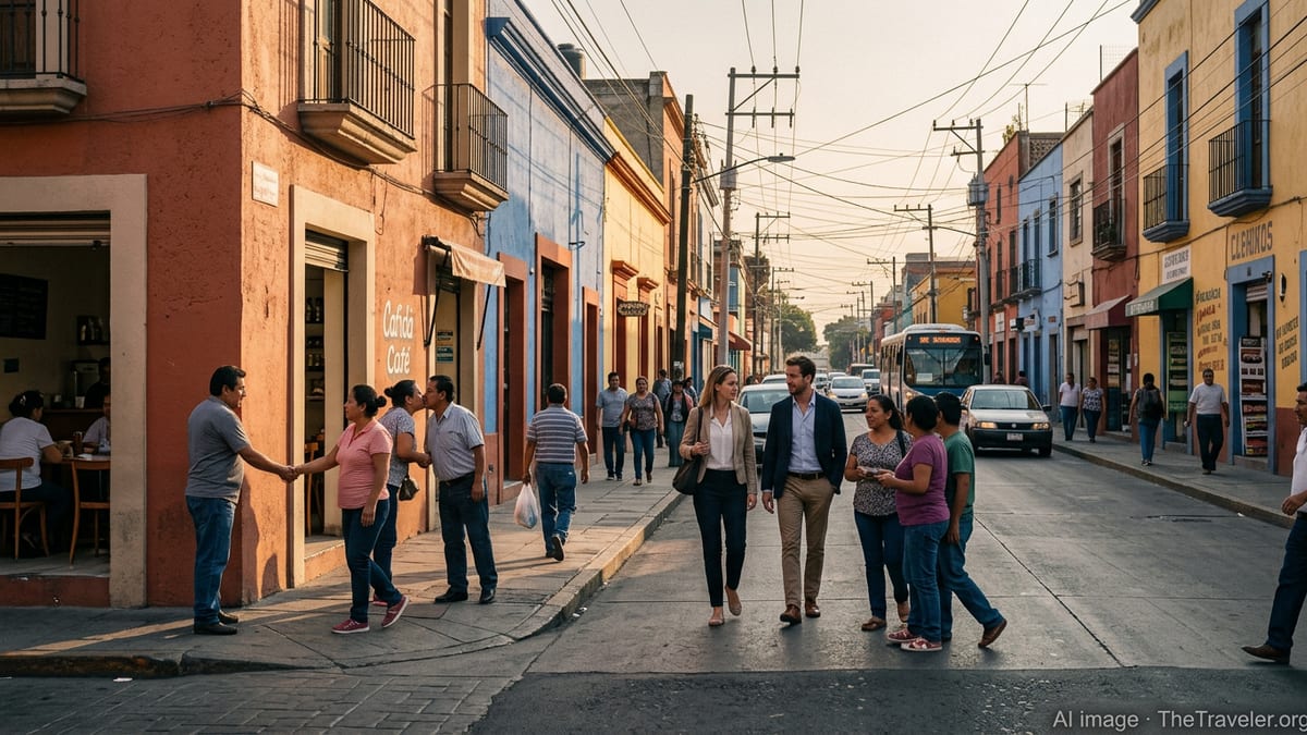 Foreign professionals walking along a busy neighborhood street in a Mexican city, interacting with locals outside colorfullow