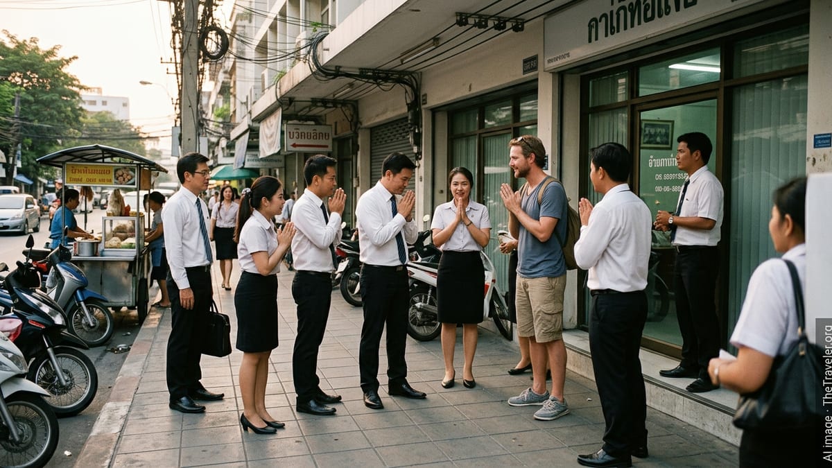Thai and Western colleagues greeting with a wai on a Bangkok street