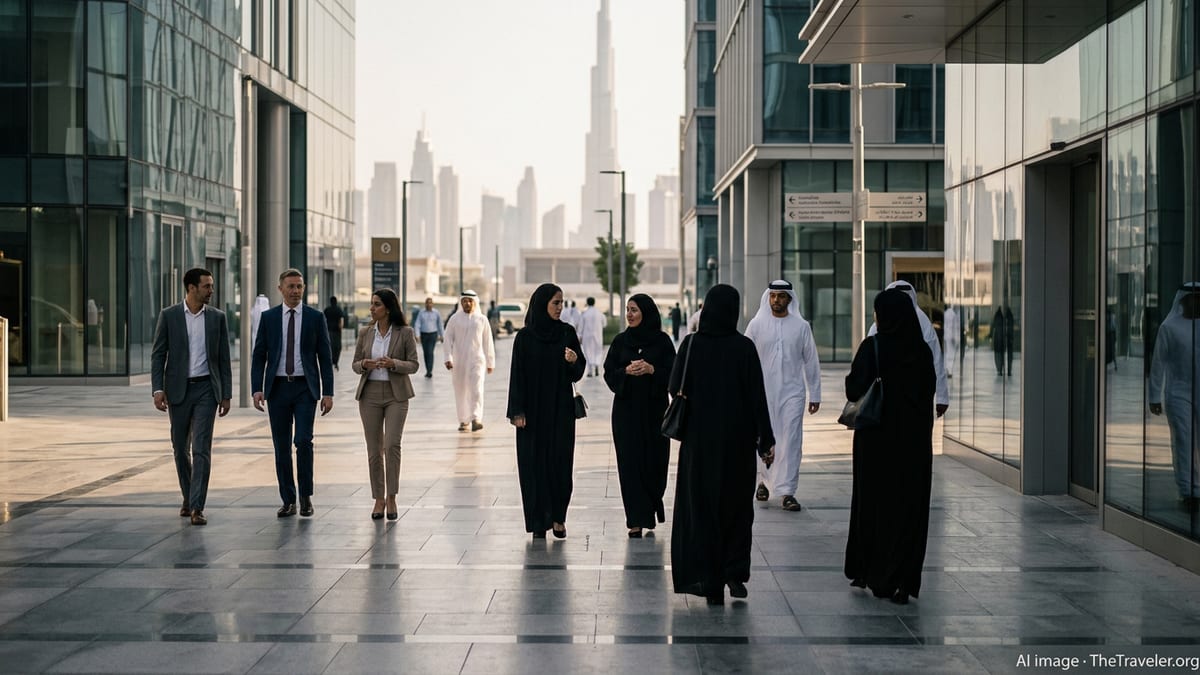 Expats and locals in modest business attire walking through a modern Dubai business district.