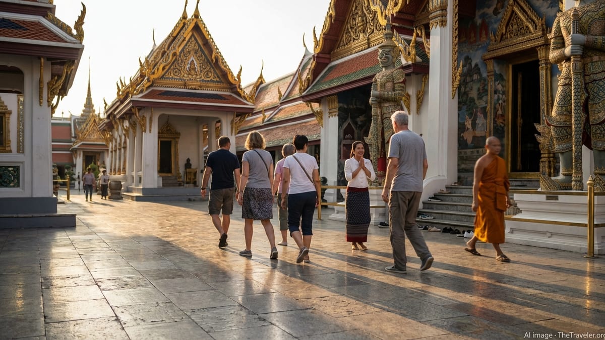 Visitors and locals observe respectful etiquette in a Bangkok temple courtyard at sunset.