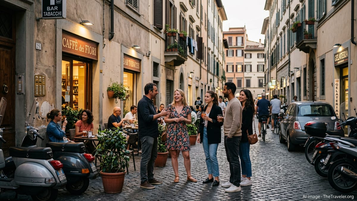 Expats and Italians talking outside a neighborhood café on a cobblestone street in Italy.