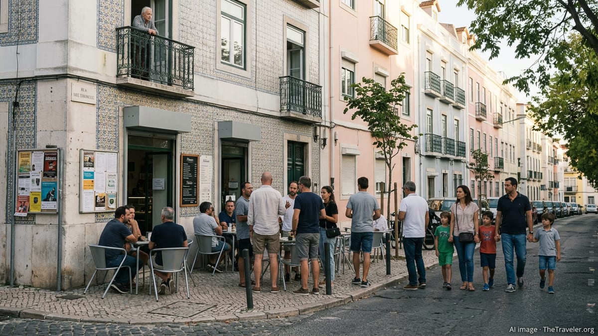 Expats and locals talking outside a Lisbon café in a residential neighborhood at sunset.