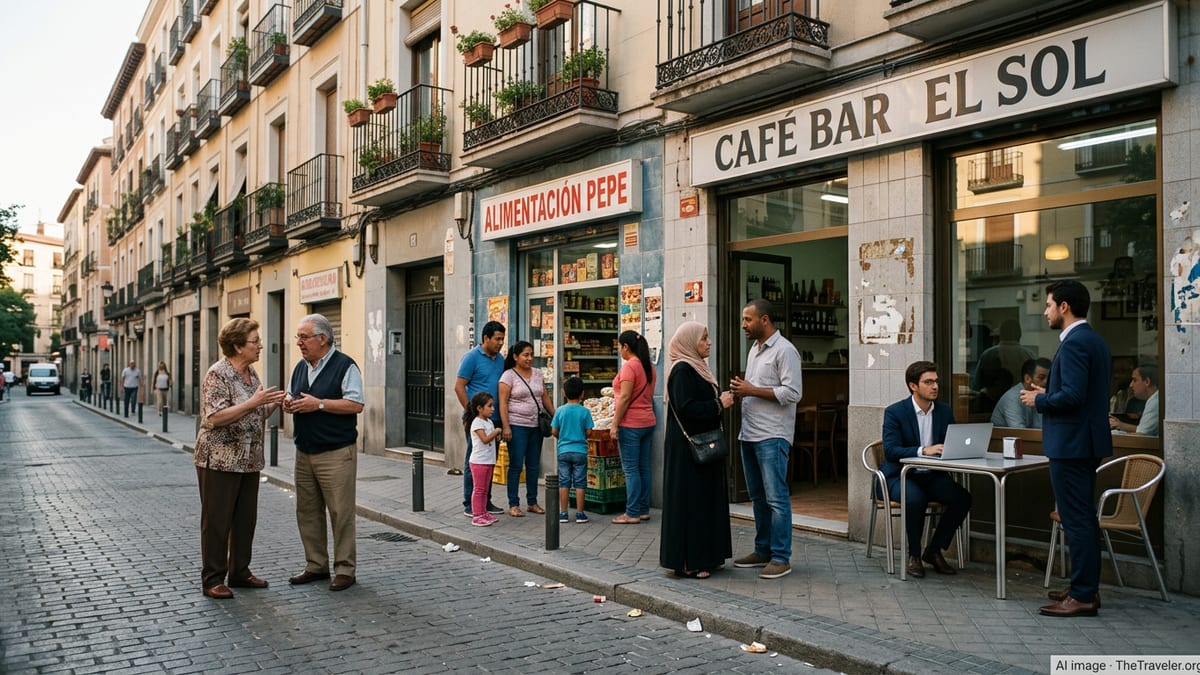 Multicultural group of residents socializing outside a café in a Spanish city neighborhood