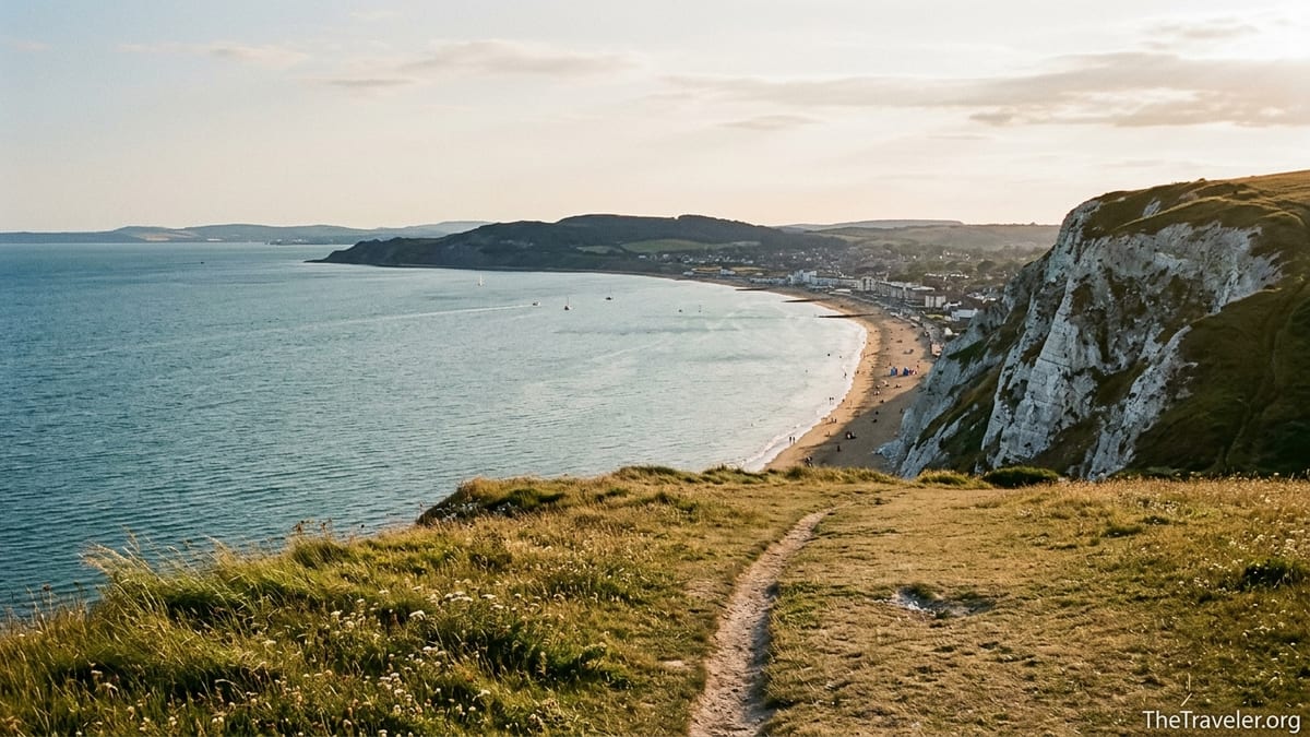 Clifftop walking path on Culver Down overlooking Sandown Bay and chalk cliffs on the Isle of Wight.