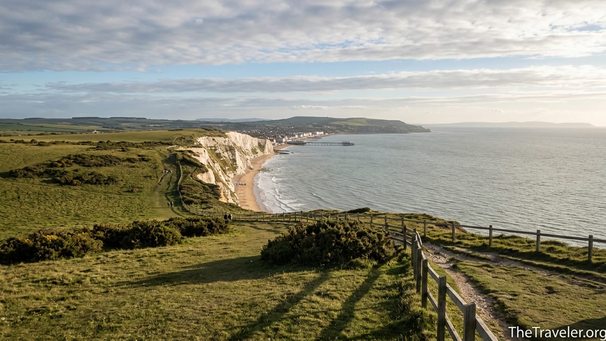 View from Culver Down over Sandown Bay and chalk cliffs on the Isle of Wight.