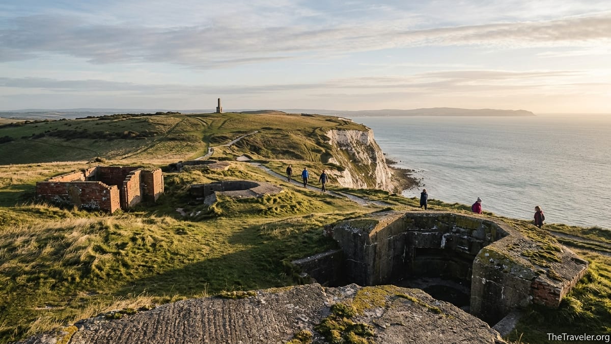 View of Culver Battery ruins on Culver Down above chalk cliffs and Sandown Bay at sunrise.