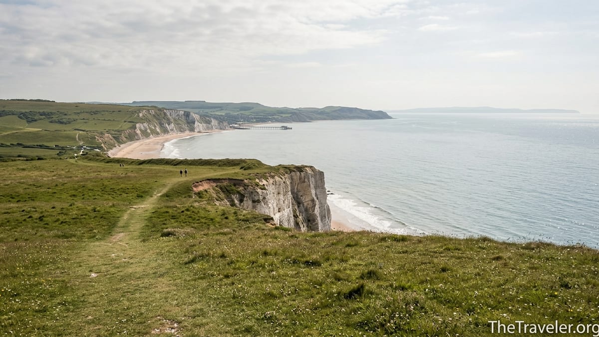 View from Culver Down over chalk cliffs and Sandown Bay on the Isle of Wight.