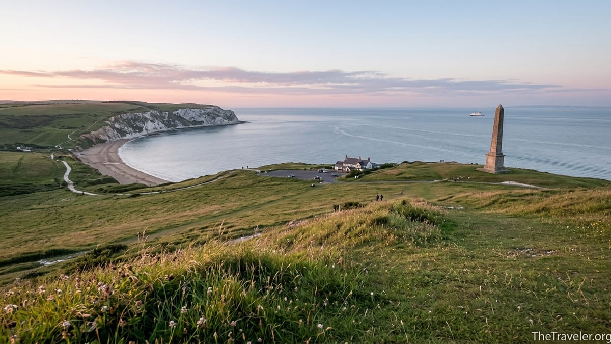 Dawn view from Culver Down over chalk cliffs and Sandown Bay on the Isle of Wight.
