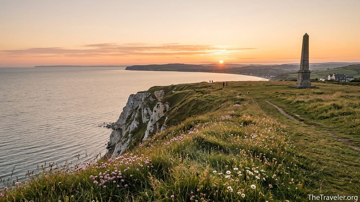 Sunrise view from Culver Down overlooking Sandown Bay and chalk cliffs on the Isle of Wight.