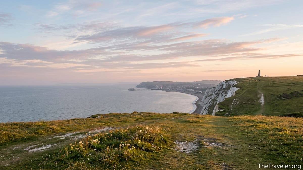 Sunrise over Sandown Bay viewed from the grassy ridge of Culver Down on the Isle of Wight.