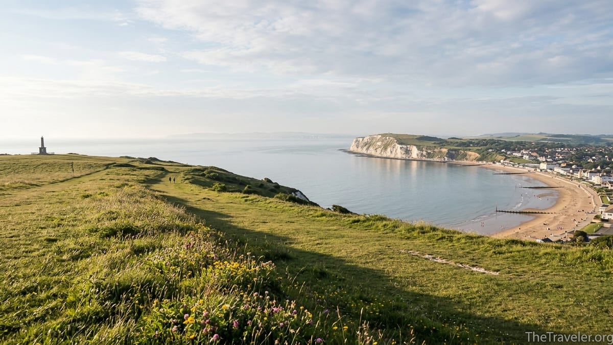 View from Culver Down over Sandown Bay and chalk cliffs on the Isle of Wight at sunset.
