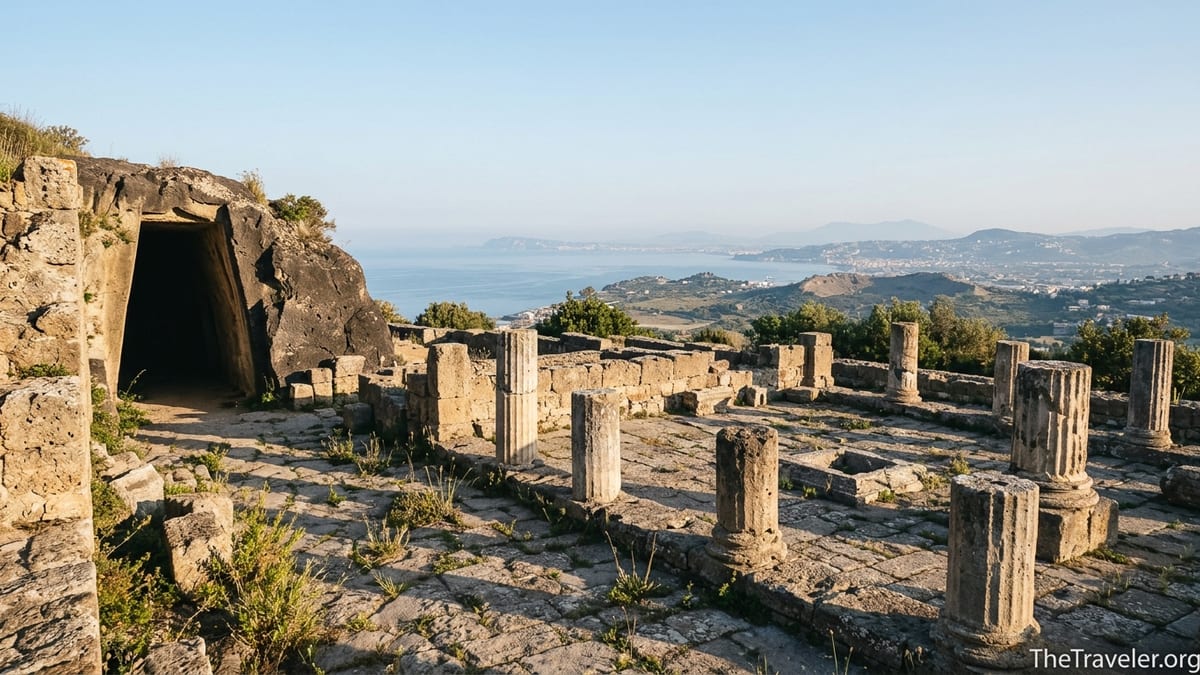 View from the acropolis of Cuma over ancient temple ruins and the Campi Flegrei coast.