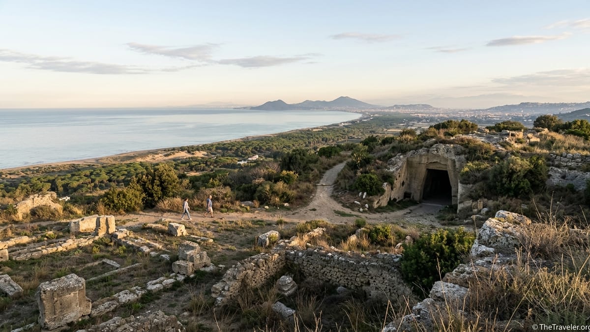 View from the acropolis of ancient Cuma over ruins, dunes, and the Phlegraean coastline in Campania.
