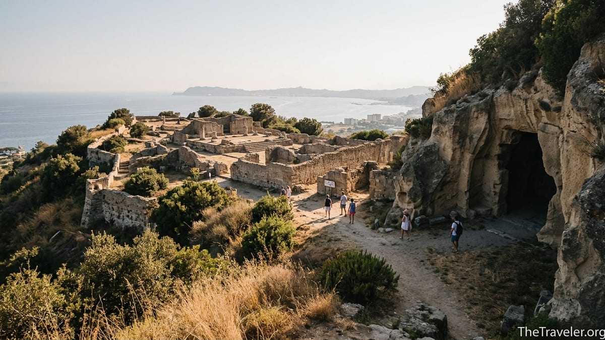 Ancient temple ruins on the acropolis of Cuma overlooking the sea near Naples