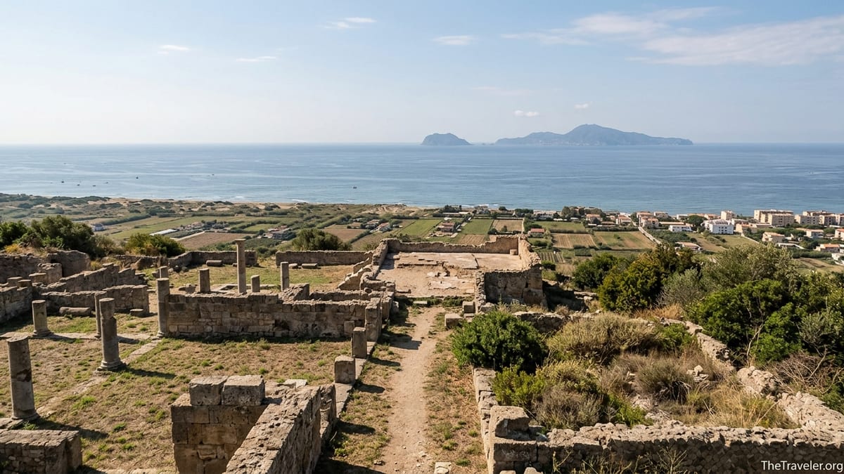 View from the acropolis of Cuma showing ancient ruins and sea with islands in the distance.