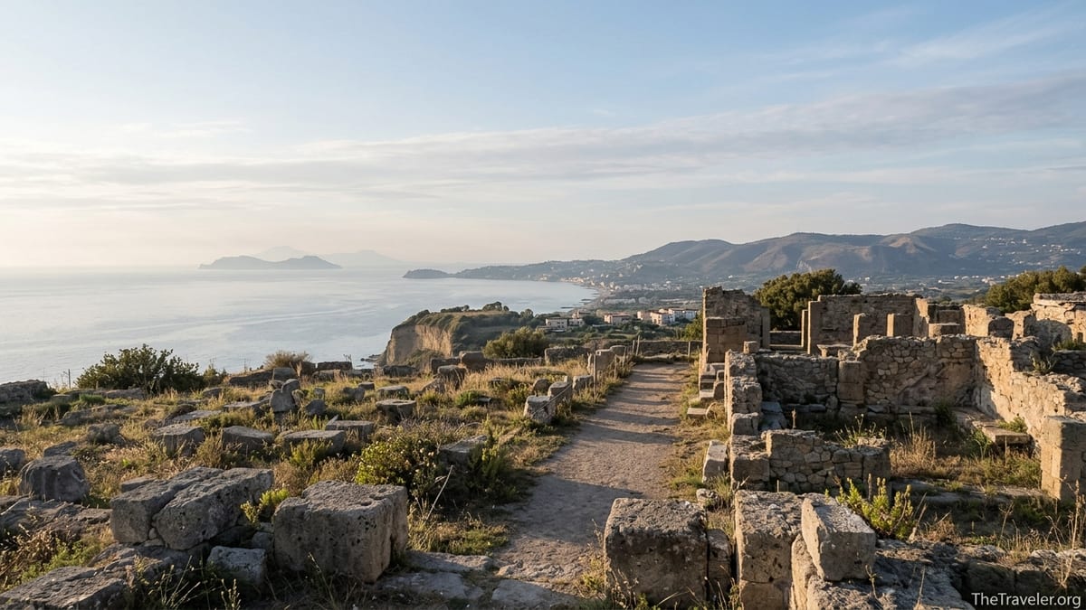 Ruins of the acropolis at Cuma overlooking the sea and volcanic landscape near Naples.