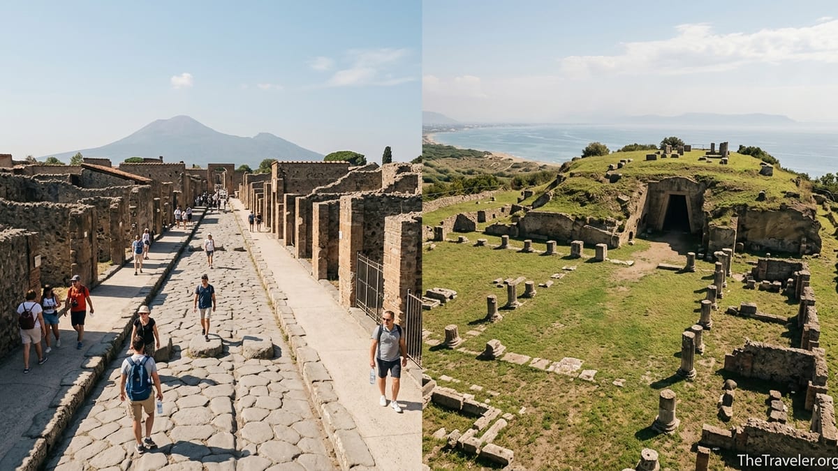 View over Pompeii’s ruined streets and the quieter acropolis of Cuma with sea and Vesuvius in the distance.