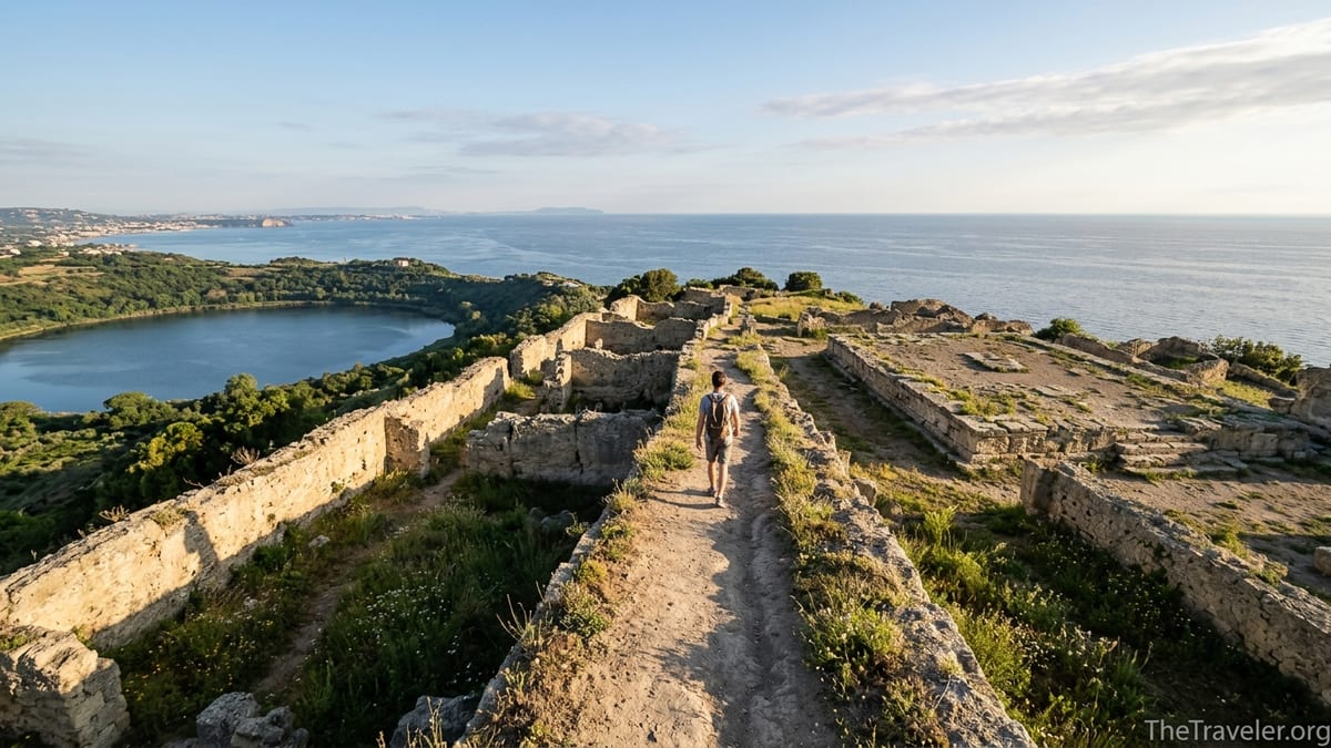 Traveler walking along the ruins of Cuma’s acropolis overlooking sea and Lake Averno at sunrise.