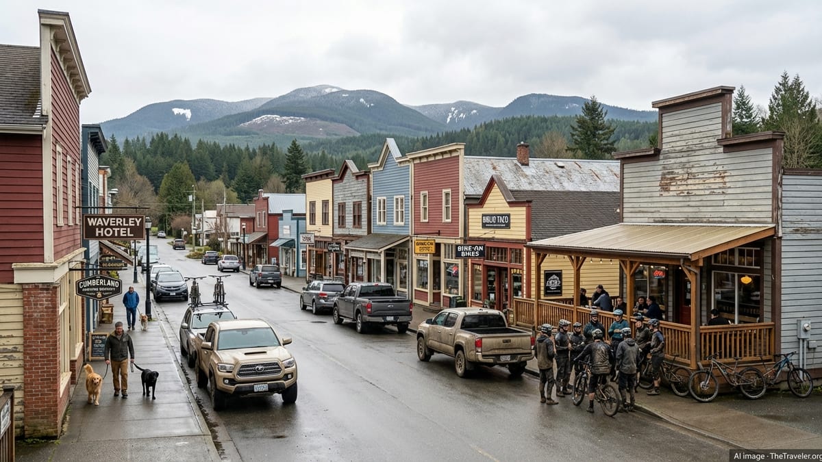 Main street of Cumberland BC with bikes, cafés, and forested mountains in the background on an overcast day.