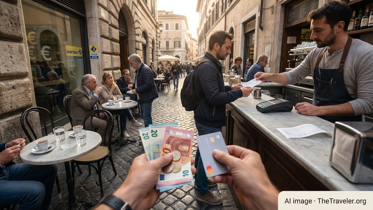 Traveler holding euros and a card at a Roman café counter with card terminal visible.