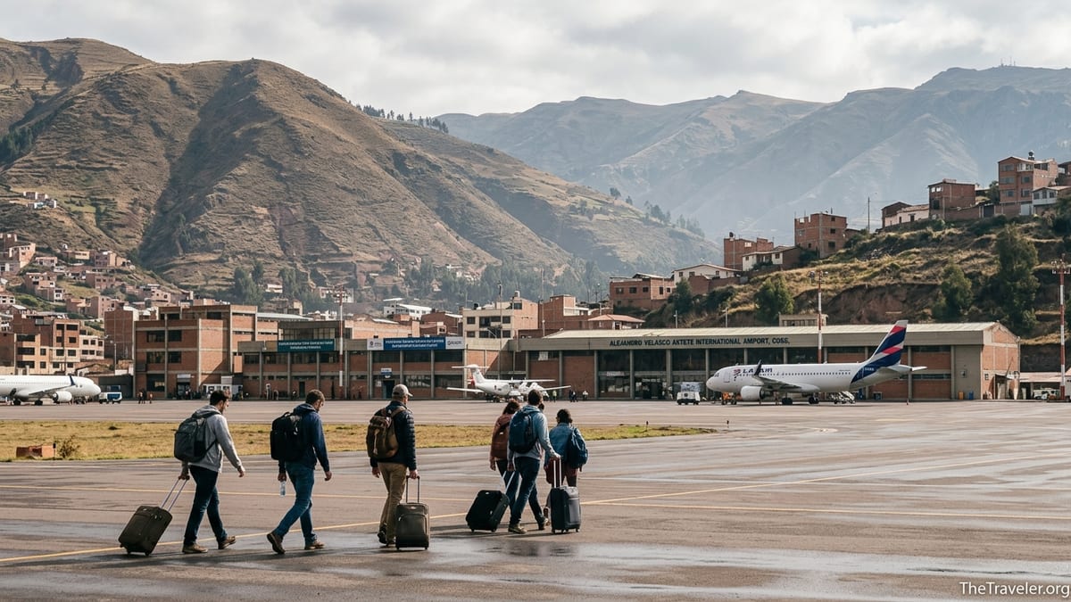 Travelers walking across Cusco airport tarmac with Andean hills in the background.