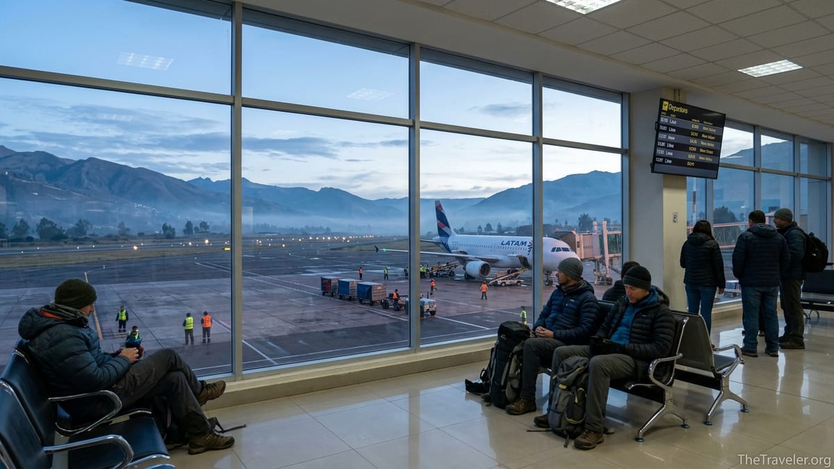 Early morning view of Cusco airport terminal with runway, Andes mountains and delayed flights board.