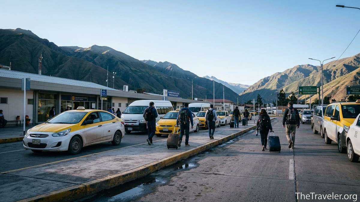 Taxis and travelers outside Cusco’s Alejandro Velasco Astete Airport with Andes mountains in the background.