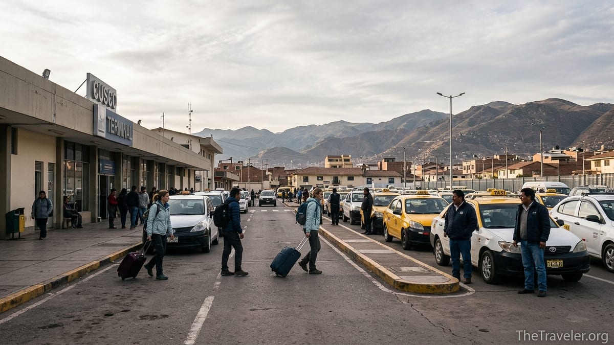 Taxi rank outside Cusco’s Alejandro Velasco Astete International Airport with travelers and Andean mountains behind.