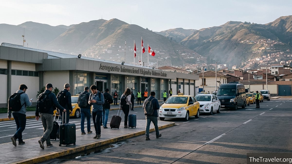 Travellers walking from Cusco airport terminal toward taxis and private cars with Andes mountains behind.