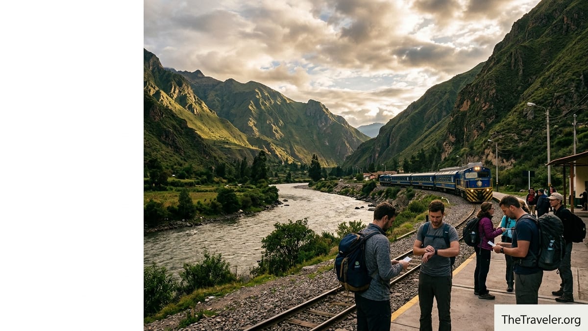 Train departing Ollantaytambo station in Peru’s Sacred Valley with travelers waiting on the platform.