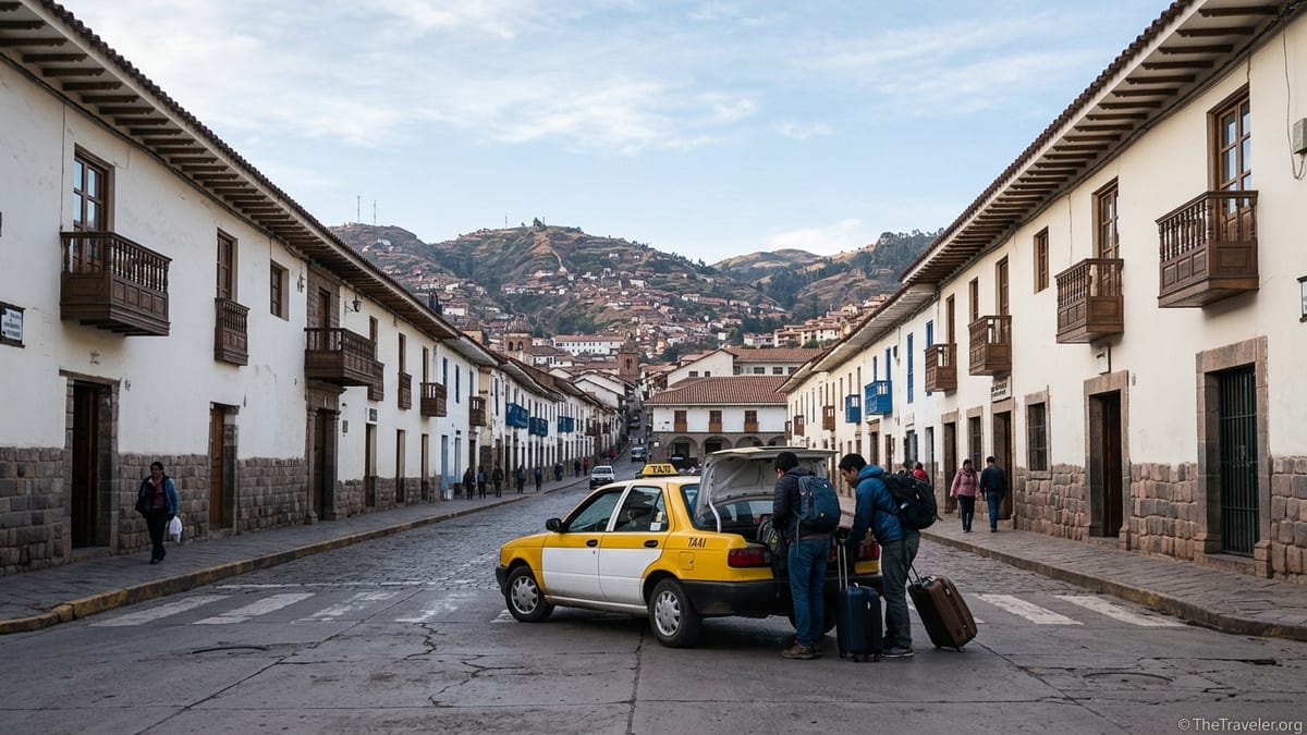 Taxi loading travelers near Cusco airport with city and hills leading toward Plaza de Armas.
