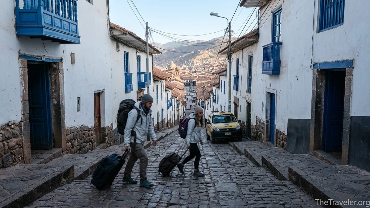 Taxi dropping travelers with bags at the edge of steep cobblestone streets in Cusco’s San Blas.