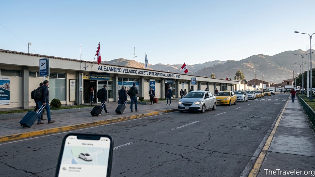 Travelers leaving Cusco airport toward taxis and rideshare pickups under clear Andean sky.